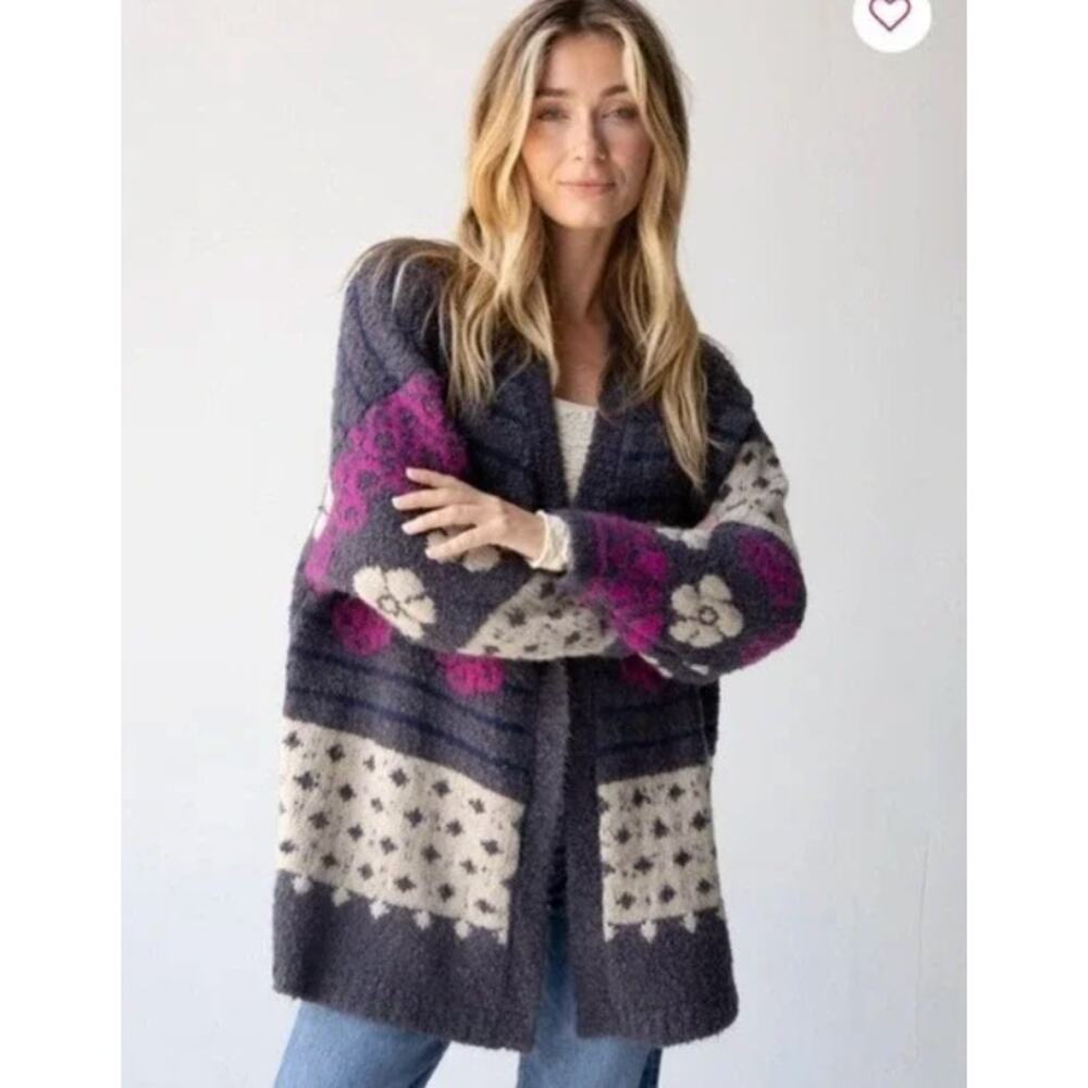 Natural Life Jacquard Calla Sweater Cardigan S/M Chunky Scandi Cottage Cozy